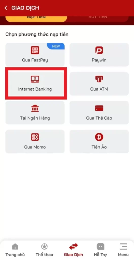 Nạp tiền qua internet banking